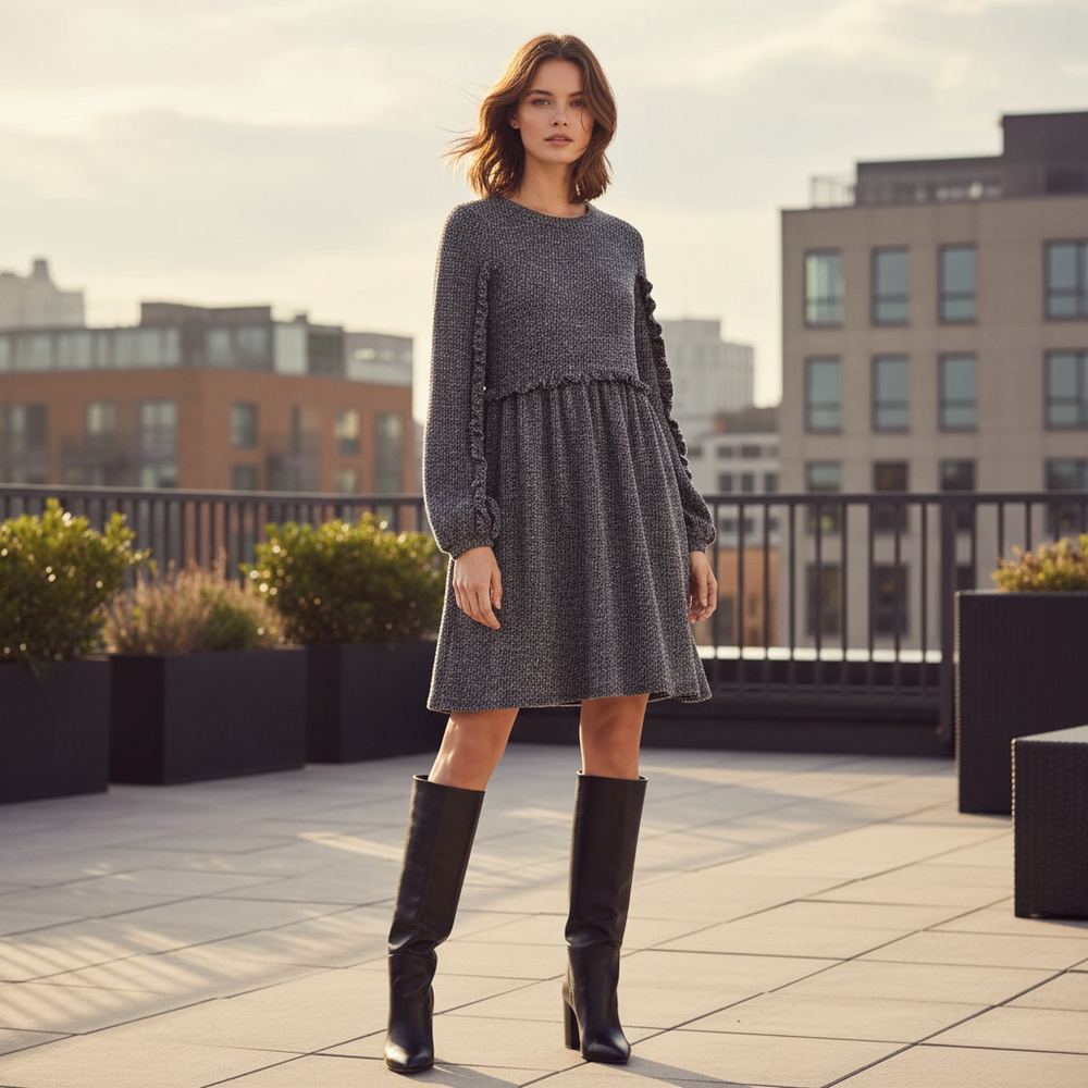 RO&DE Anthropologie Stella Ruffle Long Sleeve Gray Textured Knit Dress Small